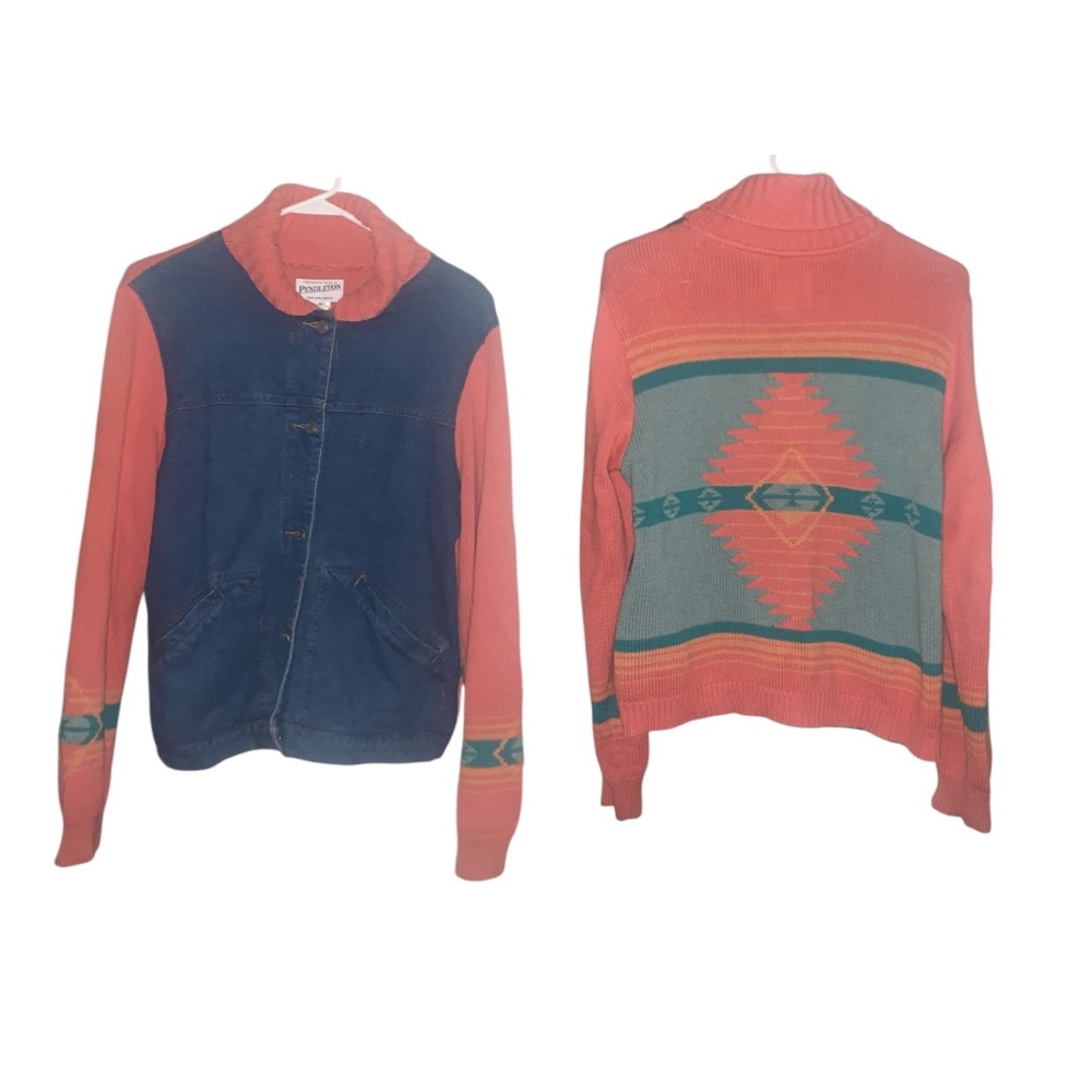 Pendleton Vintage 80’s Southwest Aztec Knit Denim Jean Button Jacket